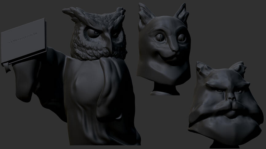 Court Owl &amp; 2 Cats Busts